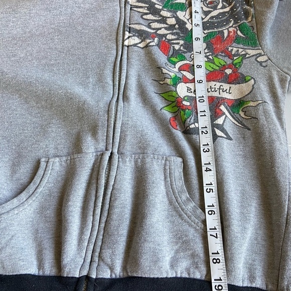 ED HARDY Graphic Cropped Hoodie Sweatshirt Jacket M Embelished Grey Black READ - Picture 9 of 15